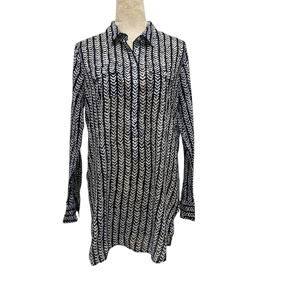 J. Crew Size Small Black White Chevron Pop Over Long Sleeve Roll Tab Tunic Sheer